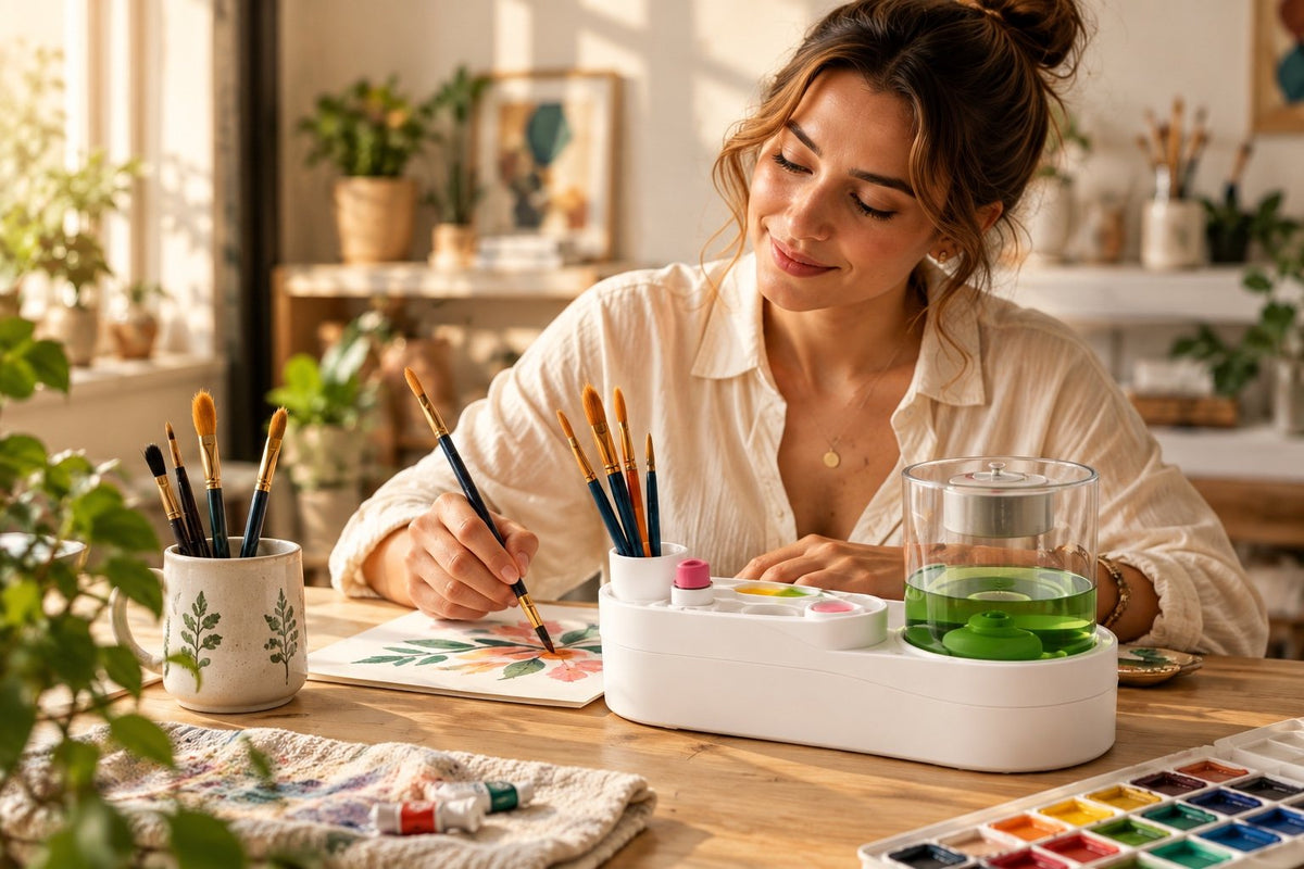 Woman painting a watercolor next to the Brush Cleaning Station