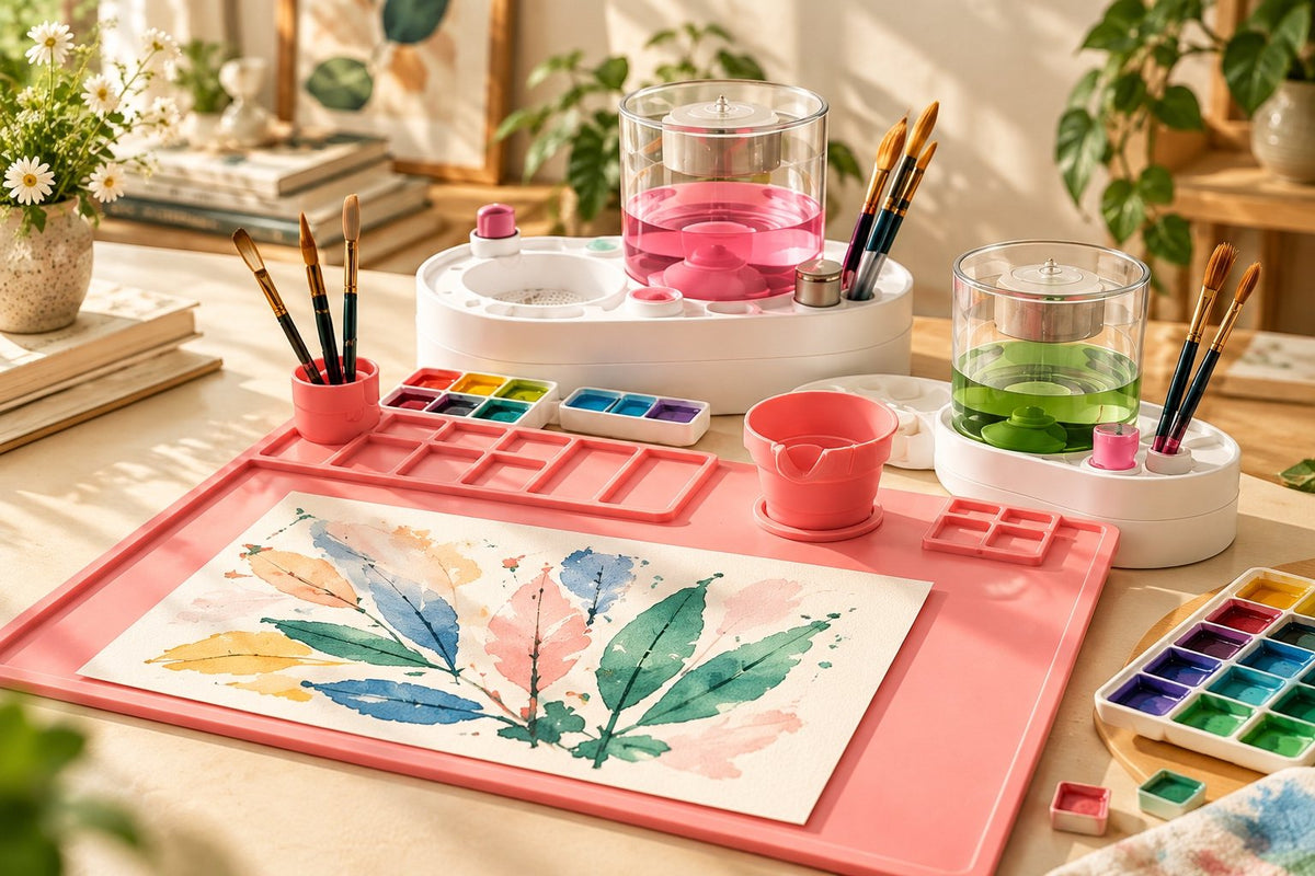 Pink Creative Painting Mat on a sunny table with watercolors