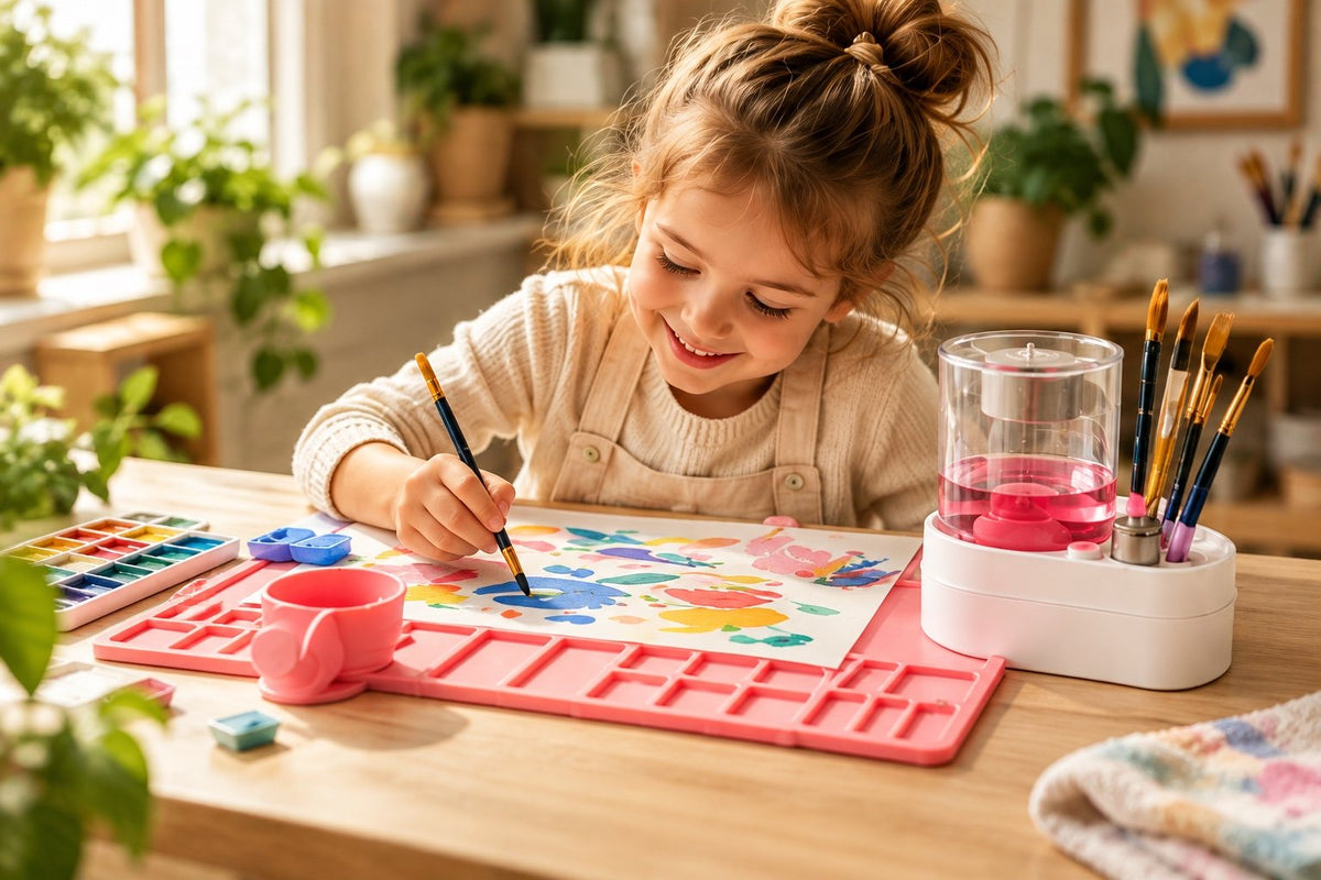 Child painting on a pink Creative Painting Mat